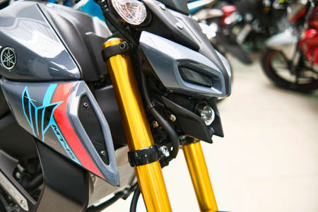 Lima, Peru - June 12, 2021: Motorcycles in the showroom Yamaha shop. New motorbikes and accessories in motorcycle store.のeditorial素材