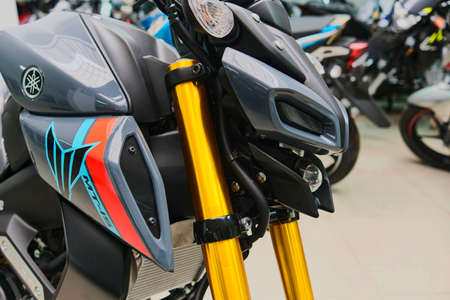 Lima, Peru - June 12, 2021: Motorcycles in the showroom Yamaha shop. New motorbikes and accessories in motorcycle store.のeditorial素材