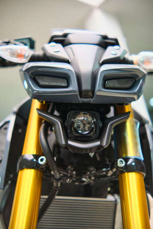 Lima, Peru - June 12, 2021: Motorcycles in the showroom Yamaha shop. New motorbikes and accessories in motorcycle store.のeditorial素材
