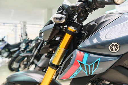 Lima, Peru - June 12, 2021: Motorcycles in the showroom Yamaha shop. New motorbikes and accessories in motorcycle store.のeditorial素材
