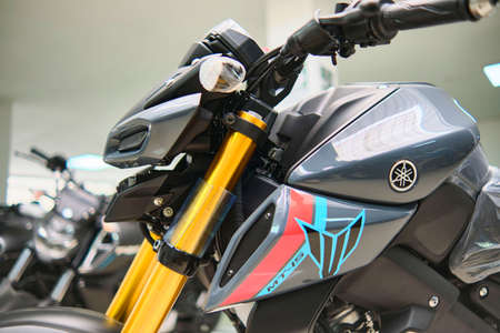 Lima, Peru - June 12, 2021: Motorcycles in the showroom Yamaha shop. New motorbikes and accessories in motorcycle store.のeditorial素材