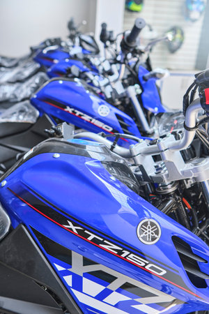 Lima, Peru - Jul 08, 2021: Yamaha motorcycle store, Yamaha XTZ150, Motorcycles in the showroom...