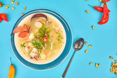 Delicious fish soup seafood called Chilcano Peruvian Food, decorated with crabsの写真素材