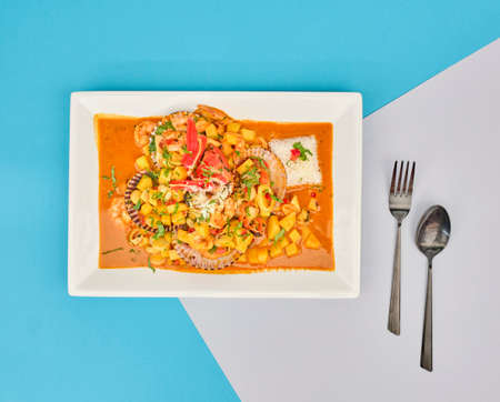 PERUVIAN FOOD: Spicy Seafood with rice, sea food.