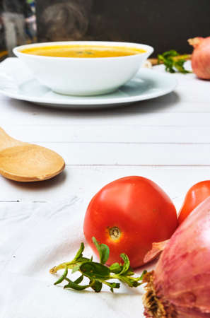 PERUVIAN FOOD, Traditional soup a La Minuta in white bowls, Top view.の写真素材