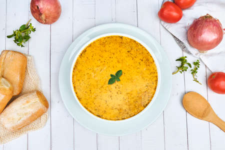 PERUVIAN FOOD, Traditional soup a La Minuta in white bowls, Top view.の写真素材