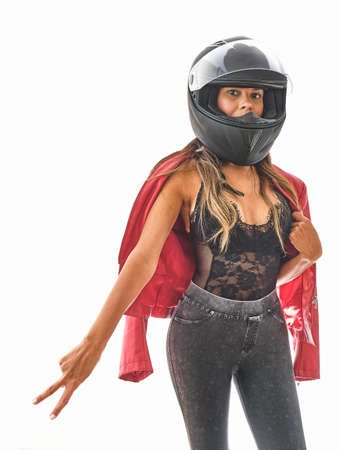 Sexuality empowered motorcyclist woman with modern look, Power woman concept.の写真素材