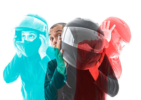 Biker men showing her opposite sides. Double exposure effectの写真素材