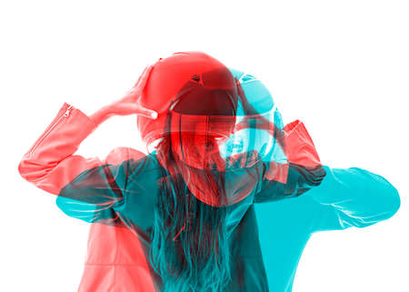 Biker girl and men showing her opposite sides, double exposure effect.の写真素材