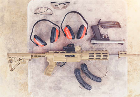 Weapons and military equipment for army, Assault rifle gun, shooting instructor.の写真素材