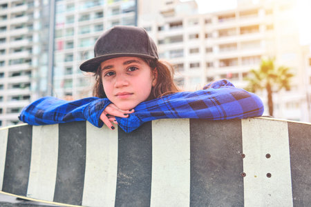 Girl having fun riding skateboards at skate park, Portrait of smiling young female skateboarder holding her skateboard. Recreational Activity Concept.の写真素材