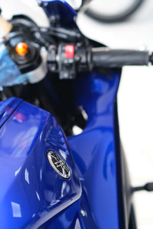 Motorcycles in the showroom Yamaha shop. Yamaha R7 motorcycle. Selective focus.