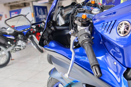 Motorcycles in the showroom Yamaha shop. Yamaha R7 motorcycle. Selective focus.のeditorial素材