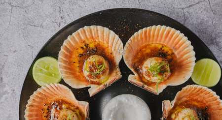 Scallops with flamed shells on a black plate. Luxury restaurant food. Seafood, selective focus.の写真素材