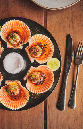 Scallops with flamed shells on a black plate. Luxury restaurant food. Seafood, selective focus.