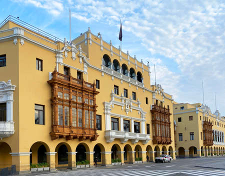 Lima, Peru - April 17, 2022: Plaza Mayor in Historic Center of Lima, Peru, Downtown.のeditorial素材
