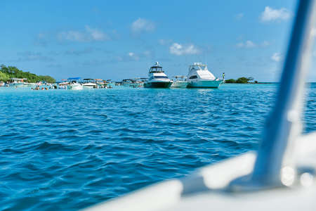 Yachts in turquoise waters in Cayo Sombrero, Morrocoy National Park, Venezuela. life concept with copy space.の写真素材