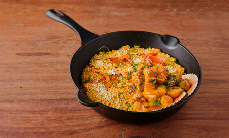 PERUVIAN FOOD: Rice with seafood. Arroz con Mariscos, food served in pan, Selective focus.の写真素材