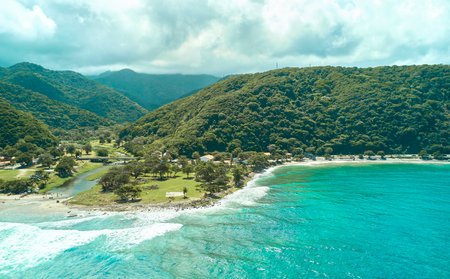 Panoramic aerial view of the La Punta beach, space for surfers in Los Caracas, La Guaira - Venezuela. Vargas state coastlineの写真素材