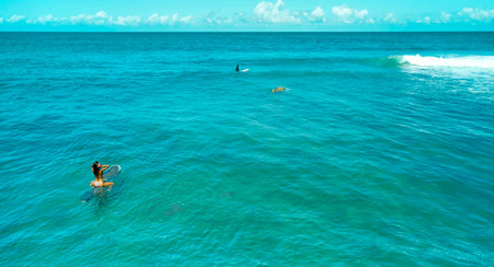 Aerial view the Group of surfers chilling out on the beach. Los Caracas beach, La Guaira -...