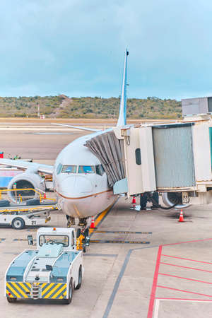 Jetway waiting for a plane to arrive on airport.airport terminal boarding gate. Travel Concept.の写真素材