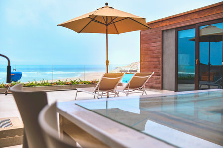 Luxury terrace balcony for relaxed vacation at sea, selective focus. Travel conceptの写真素材