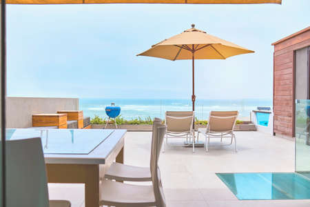 Luxury terrace balcony for relaxed vacation at sea, selective focus. Travel conceptの写真素材