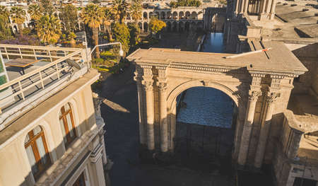 Aerial drone view of Arequipa main square and cathedral church at sunset. Arequipa, Peru.の写真素材