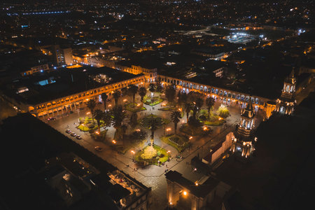 Aerial drone view of Arequipa main square and cathedral church at night. Arequipa, Peru.の写真素材