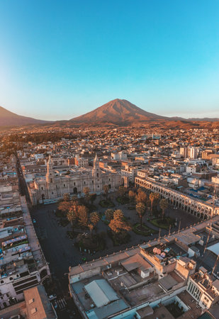 Aerial view Arequipa main square and historical centre with El Misti volcano in the background.の写真素材