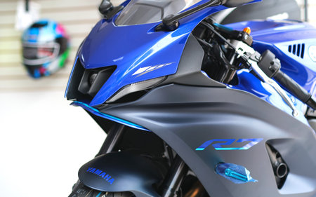 Motorcycles in the showroom Yamaha shop. Yamaha R7 motorcycle, selective focus.のeditorial素材