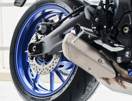 Motorcycles in the showroom Yamaha shop. Yamaha R7 motorcycle, selective focus.のeditorial素材