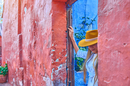 Young Tourists Exploring the Santa Catalina Monastery, Convento de Santa Catalina, Arequipa, Peru. South Americaの写真素材