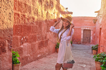 Young Tourists Exploring the Santa Catalina Monastery, Convento de Santa Catalina, Arequipa, Peru. South Americaの写真素材