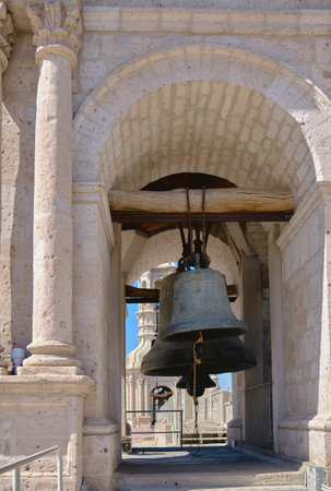 Arequipa, Peru: Bell in steeple on top of the Cathedral main church at the morningの写真素材