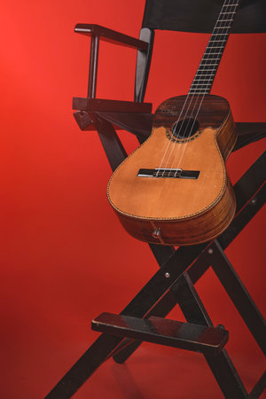 View of a Cuatro Venezuelan, Latin American musical instrument. Recording session, Concept of music and typical instruments.の写真素材