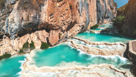 Natural pools of Millpu in Huancaraylla. Turquoise lagoons near Ayacucho, travel destination in Peruの写真素材