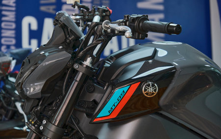 Lima, Peru 2022. A Yamaha MT09 motorcycle is on display at the showroom Yamaha shop 2022.のeditorial素材