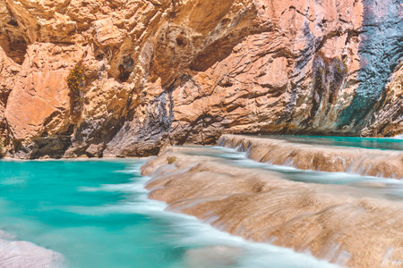 Natural pools of Millpu in Huancaraylla. Turquoise lagoons near Ayacucho, travel destination in Peruの写真素材