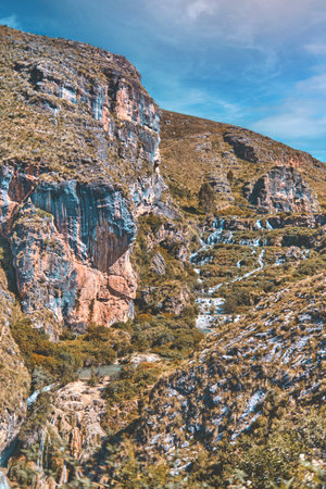 Natural pools of Millpu in Huancaraylla. Turquoise lagoons near Ayacucho, travel destination in Peruの写真素材