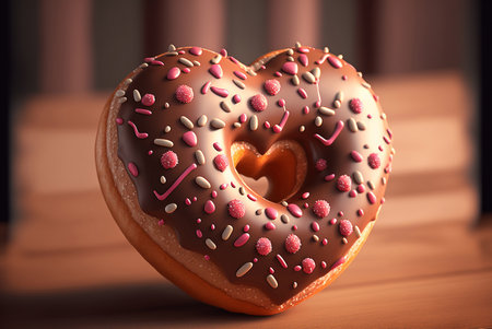 Valentines Day doughnuts flat lay. Donuts Generative AI, heart shaped donut with sprinkles.の写真素材