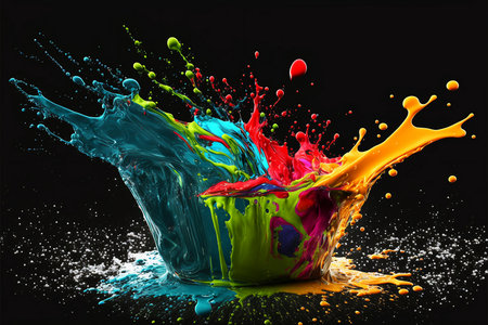 Splash of paint Colorful. Abstract background. Digital Art, colored floating liquid in the trend colors pink, orange, blue and violet.の写真素材