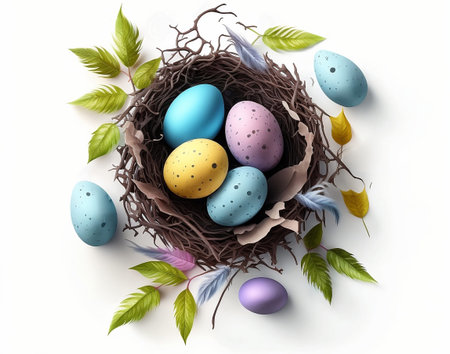 colorful easter eggs with flowers, Happy Easter day colorful eggs in basket with flowers, Easter compositionの写真素材