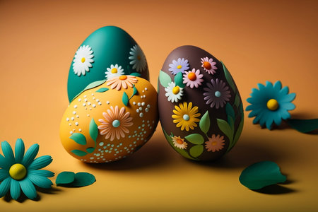 colorful easter eggs with flowers, Happy Easter day colorful eggs in basket with flowers, Easter compositionの写真素材