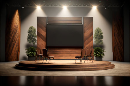 Wood and metal event stage with conference panel chairs, industrial design with screen, digital artの写真素材