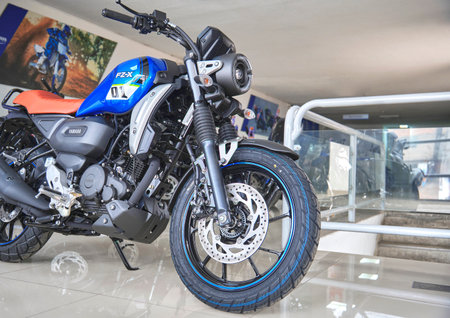Lima, Peru 2023. Store Yamaha, FZX Connected motorcycle is on display the showroom Yamaha shopのeditorial素材