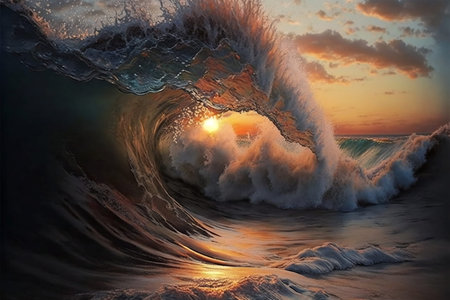 Ocean Wave. Sea water in crest shape. Sunset light and beautiful clouds on background, Digital artの写真素材
