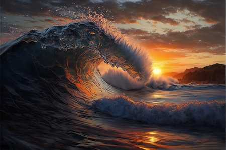 Ocean Wave. Sea water in crest shape. Sunset light and beautiful clouds on background, Digital art