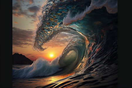 Ocean Wave. Sea water in crest shape. Sunset light and beautiful clouds on background, Digital art