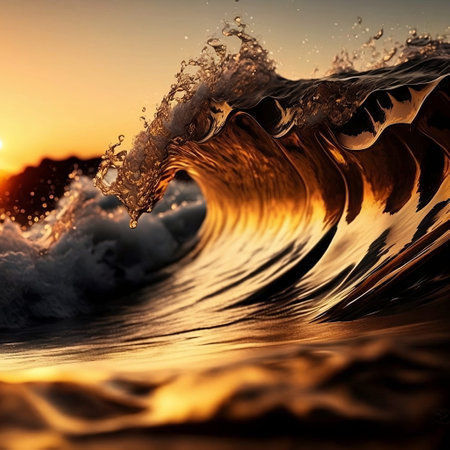Ocean Wave. Sea water in crest shape. Sunset light and beautiful clouds on background, Digital artの写真素材